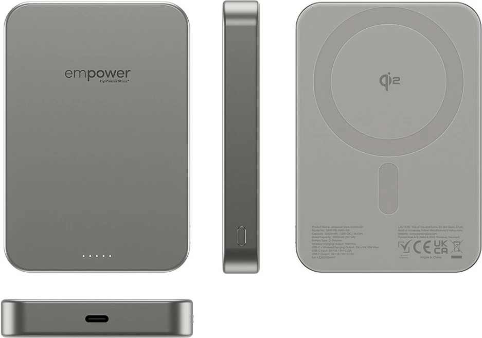 Power bank PanzerGlass empower 10000mAh, Qi2 15W, USB-C 20W, MagSafe kompatibil, Titanium