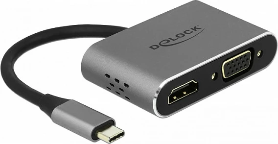 Adapter USB-C DeLOCK 64074, HDMI + VGA, USB-A 3.2 Gen1, USB-C PD 87W, metal, gri