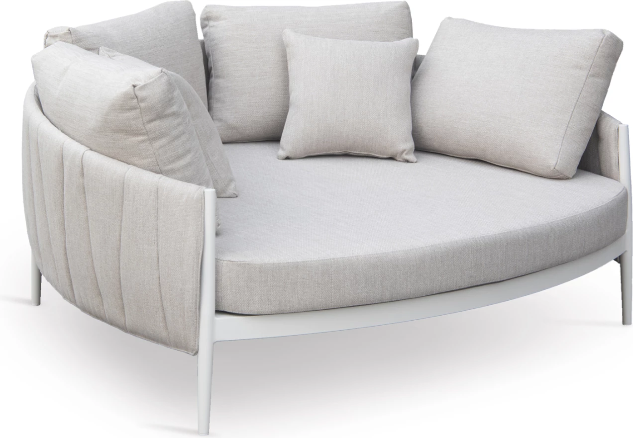 Daybed gjysmë-rrethore për dy persona, alumin, ngjyrë krem e bardhë, pëlhurë OLEFIN & rrip, 164x144x70cm