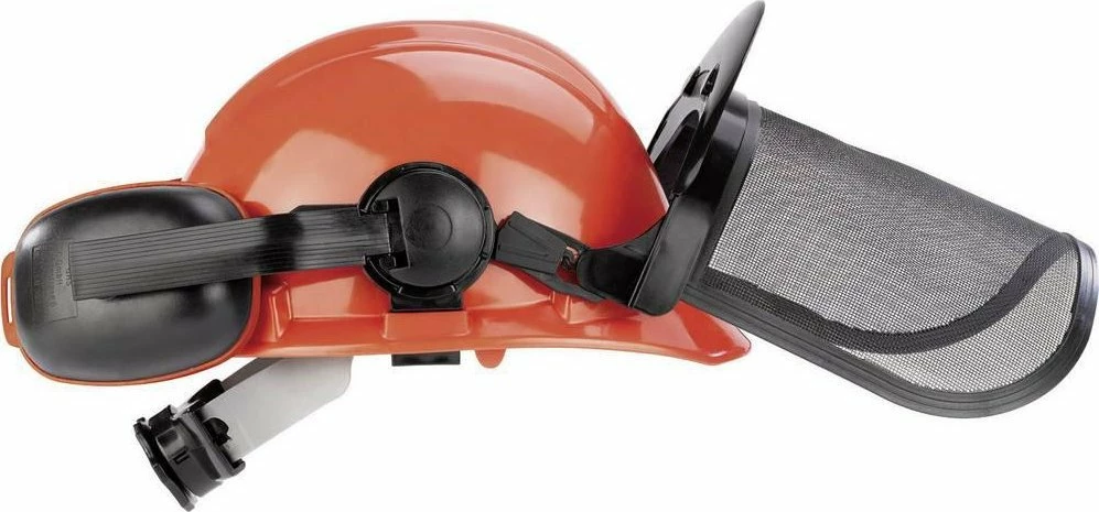 Helmetë sigurie pylltari Einhell BG-SH 1, me vizorë rrjete dhe mbrojtëse dëgjimi, i kuq