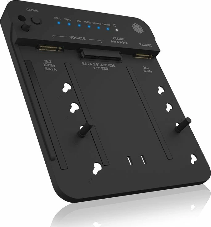 Stacion dokimi Icy Box IB-2913MCL-C31, USB-C 3.2, për M.2 NVMe/SATA + SATA 2.5/3.5, klonim me një buton, e zezë