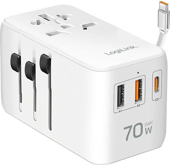 Karikues udhëtimi LogiLink 70W GaN, 4 porta (2x USB-A QC, 2x USB-C PD), i bardhë