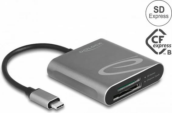 Lexues kartelash DeLOCK USB-C për SD Express dhe CFexpress, USB 3.2 Gen 2, 10 Gbps, alumin, gri