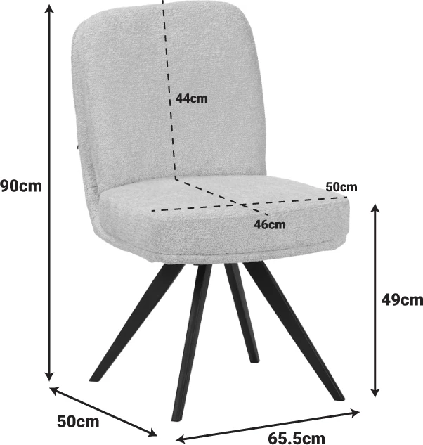 Karrige rrotulluese Novo, stof boucle i bardhë, këmbë metalike të zeza, 65.5x50x90cm, set prej 2 copë