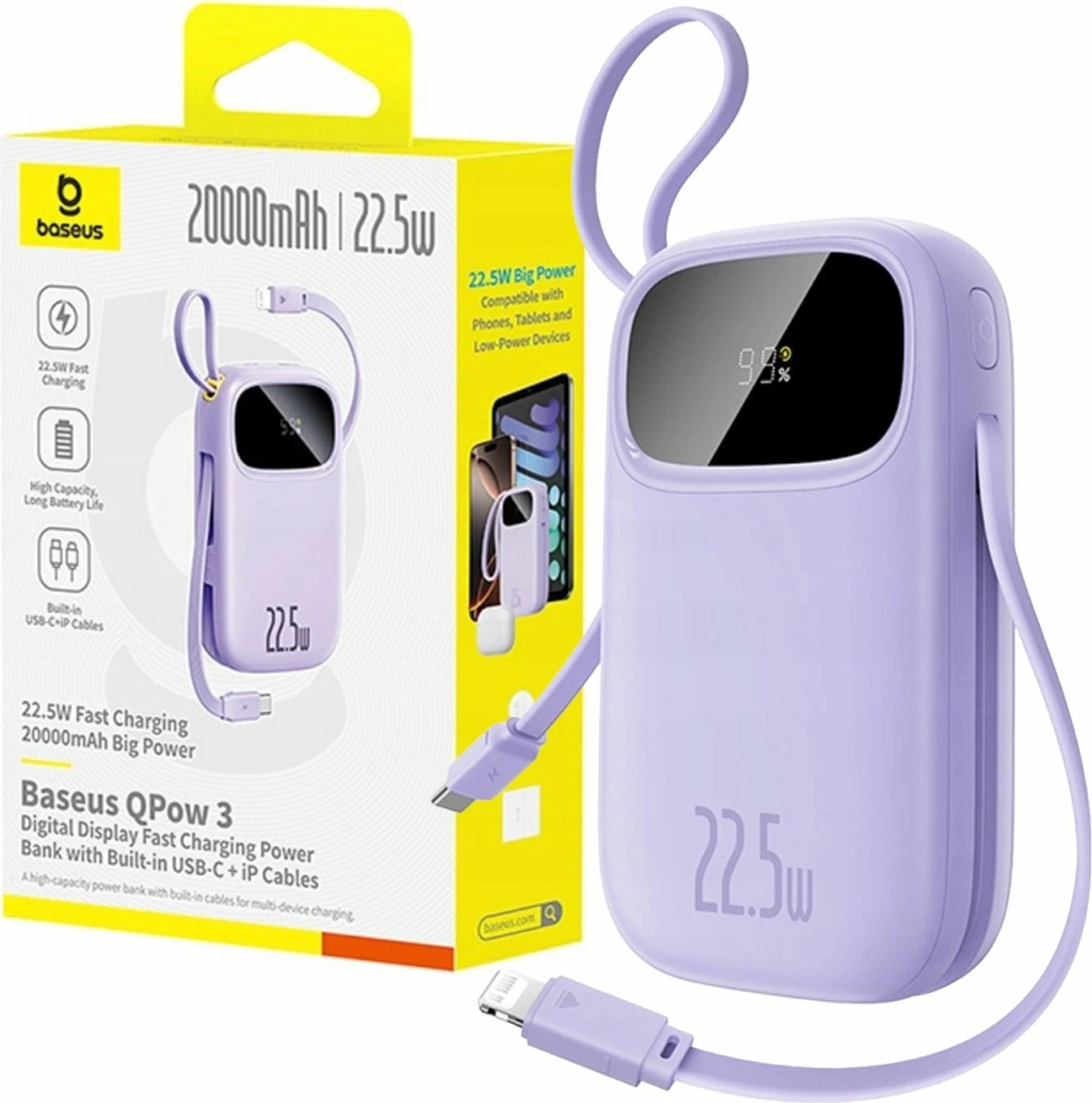 Powerbank Baseus EnerFill FC21 Qpow 3 20000mAh 22.5W me ekran digjital me kabllo të integruar, vjollcë