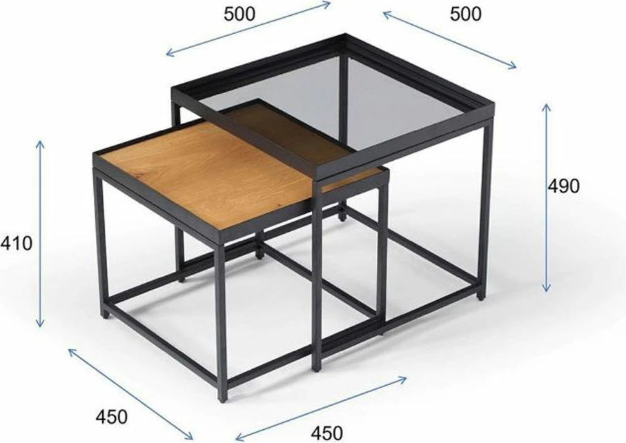 Set tavolinash anësore Harmonica, natyrale, xham i tymosur, e zezë, 2 copë, 50x50x49