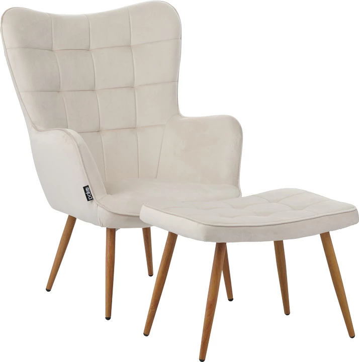 Fotel Maddison me stol këmbësh, kadife krem, këmbë natyrale, 68x72x98cm