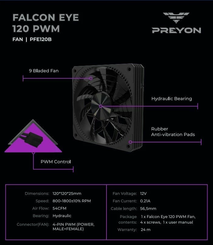 Ventilator ftohës PREYON Falcon Eye PFE1201B 120 mm PWM, i zi, 1 copë