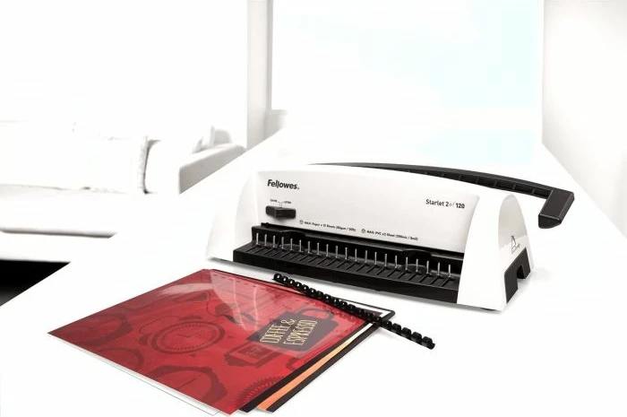 makinë lidhëse dokumentesh Fellowes Starlet 2+ manuale, kapacitet lidhje 120 fletë, shpinë plastike 16 mm, bardhë/zezë
