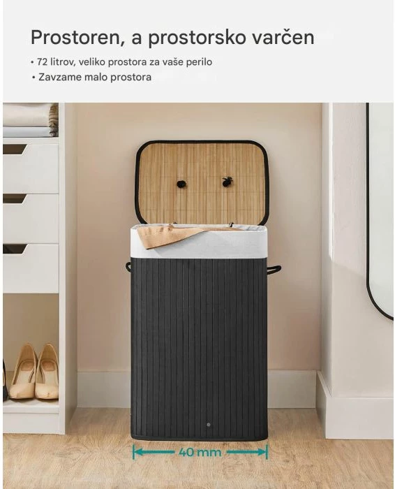Shportë rrobash SONGMICS LCB10B, bambu e palosshme me kapak, 72 L, e zezë