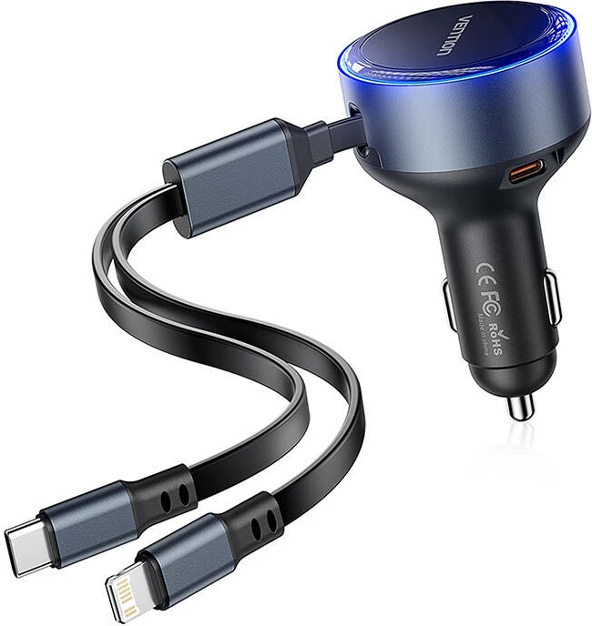 Karikues veture Vention FFOB0 me USB-C/Lightning, 30W, kabllo të integruara