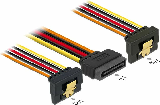 Kabllo furnizimi SATA Delock 60145, SATA 15-pin në 2x SATA 15-pin, 0.15 m, plug–socket, me kënd, multicolor