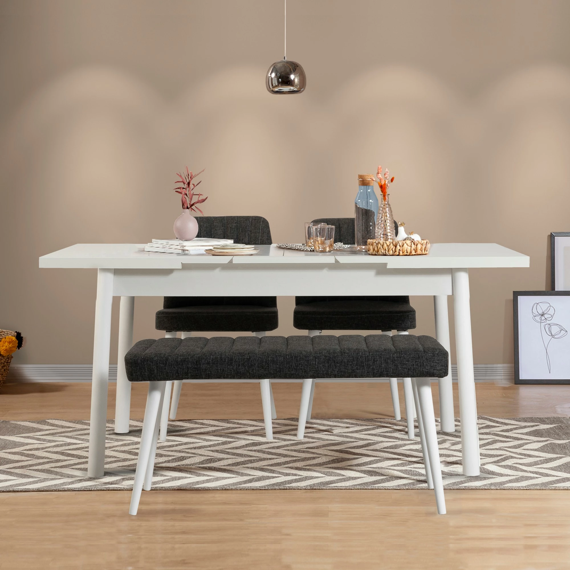 Set tavolinë me karrige, zgjatës, 4 pjesë, Skye Decor, e bardhë-antracit