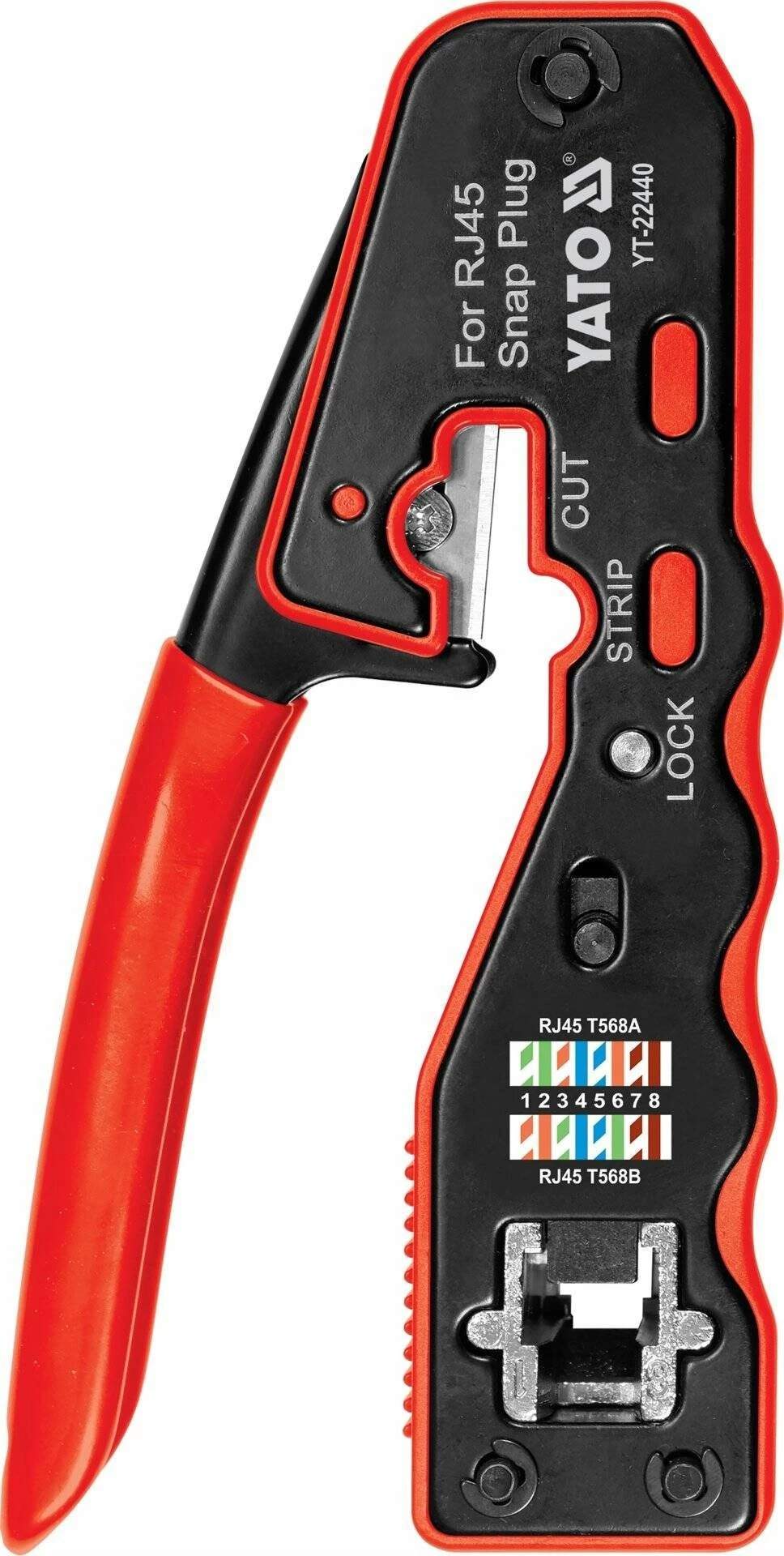 Pinca krimpimi Yato YT-22440 për RJ45 pass-through, 135 mm, prerje kablli, zhveshje izolimi, zi/kuqe