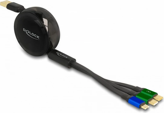 Kabl USB DeLOCK 3-në-1 me mbledhje automatike, USB-A në 2x USB-C + Micro-USB, 1.13 m, fast charging, zi/jeshil/kaltër
