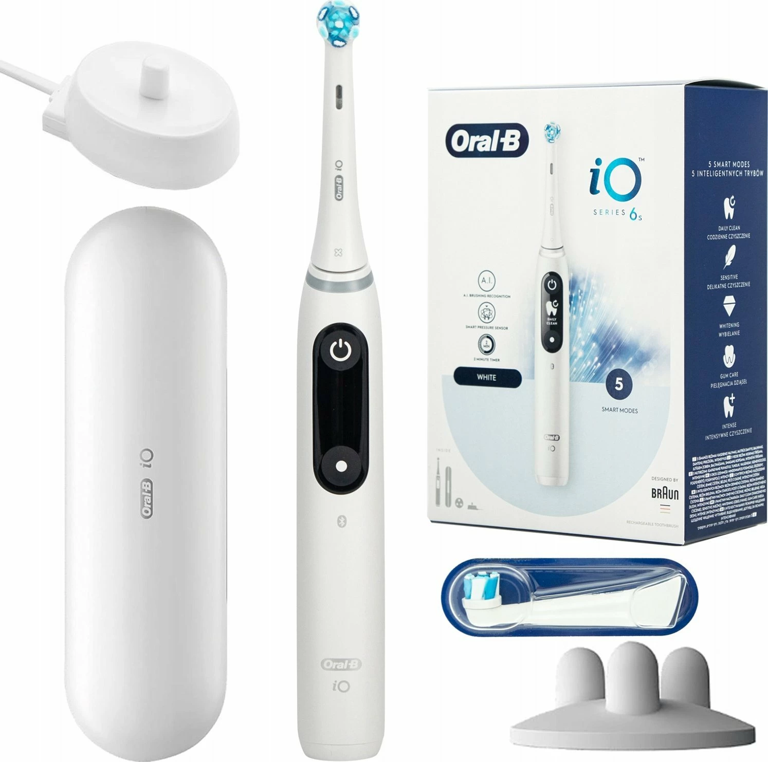 Furçë dhëmbësh elektrike Oral-B iO Series 6, 5 mënyra, OLED, me sensor presioni, me aplikacion, set 1 kokë + stacion karikimi + kuti udhëtimi, e bardhë