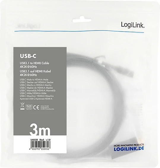 Kabllo LogiLink USB-C në HDMI, 4K/60Hz, 3 m, e zezë