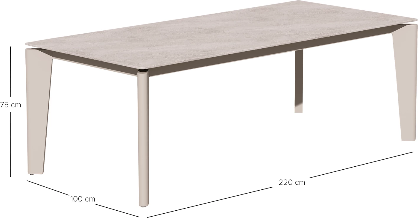 Tavolinë ngrënieje CERRIG, kornizë alumini, sipërfaqe gur i sinterizuar, bezhë, CD6496.04, 220x100x75cm