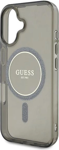 Mbështjellës Guess IML Glitter Circle MagSafe për iPhone 16, zi