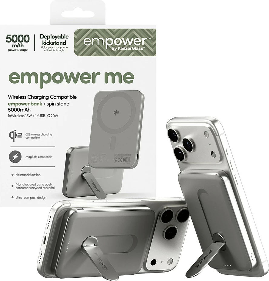 Power bank PanzerGlass empower Bank Spin Stand, 5000mAh, Qi2/MagSafe, 15W wireless, USB-C 20W, Titanium