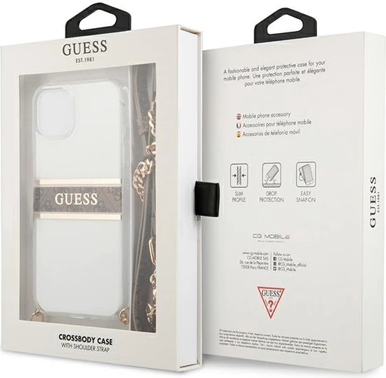Mbështjellës Guess GUHCP13SKC4GBGO për iPhone 13 mini 5.4", transparent, rrip kafe, zinxhir ari