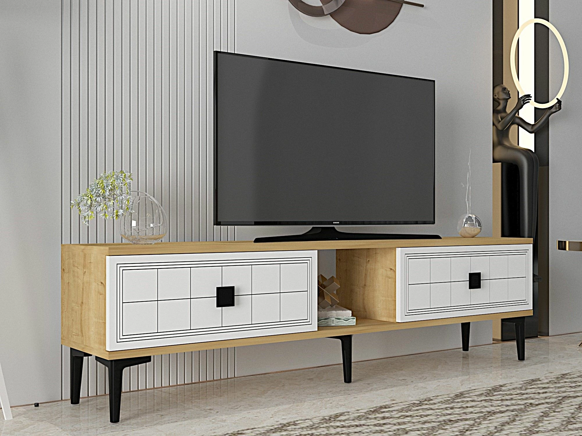 Komodë TV Skye Decor, Yuka 150, ngjyrë lis safir dhe e bardhë