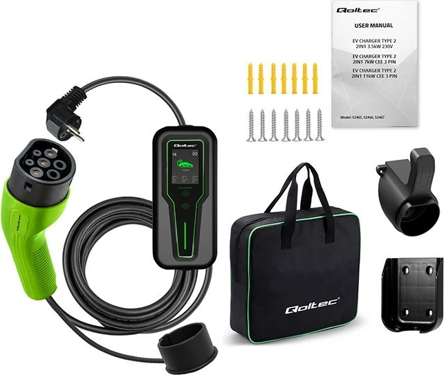 Karikues portativ për vetura elektrike Qoltec 52465, Type 2, 3.5kW, 5m, i zi/gjelbër