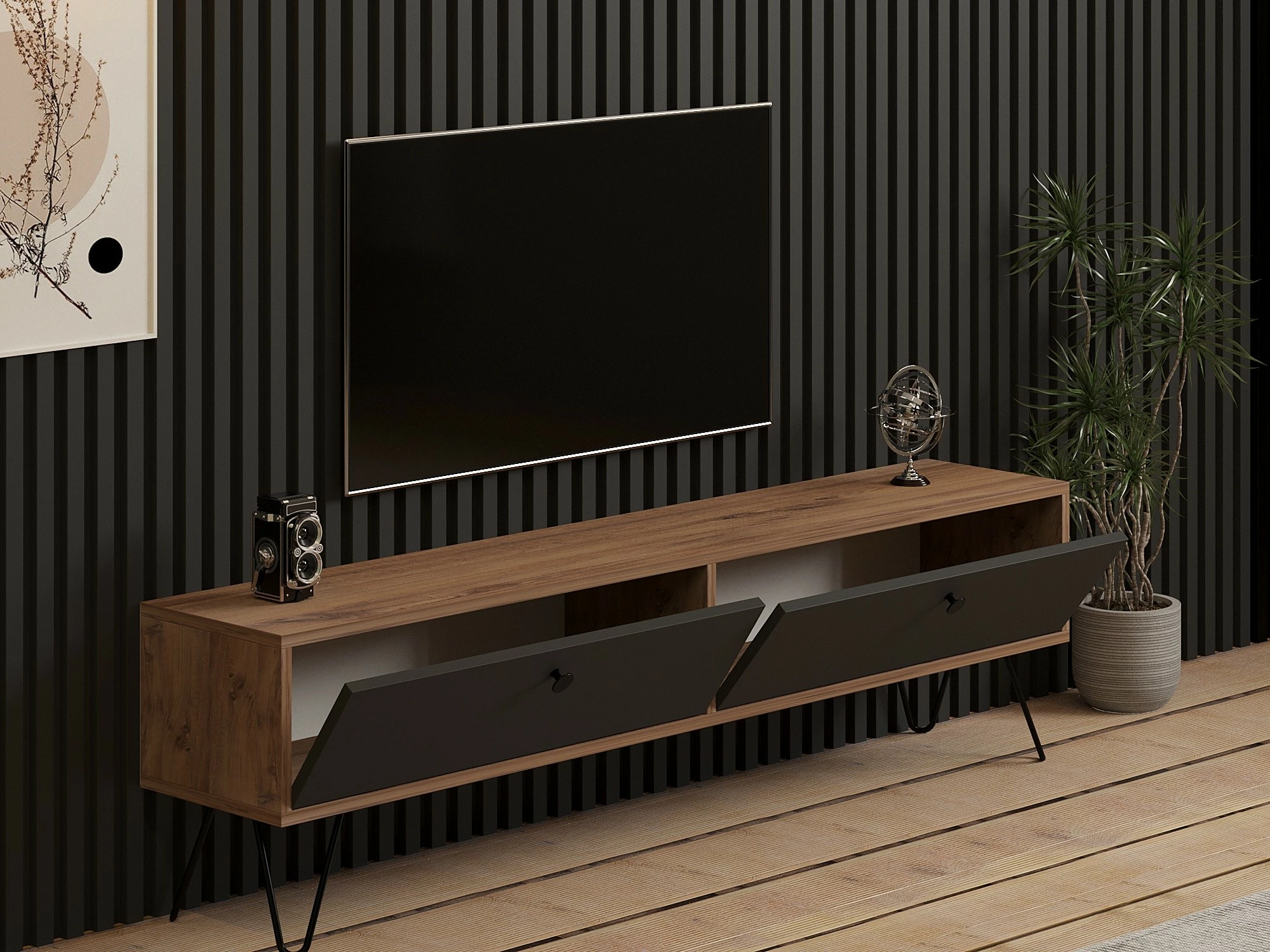 Komodë TV Hanah Home, anësore, ngjyrë Atlantic Pine dhe e zezë