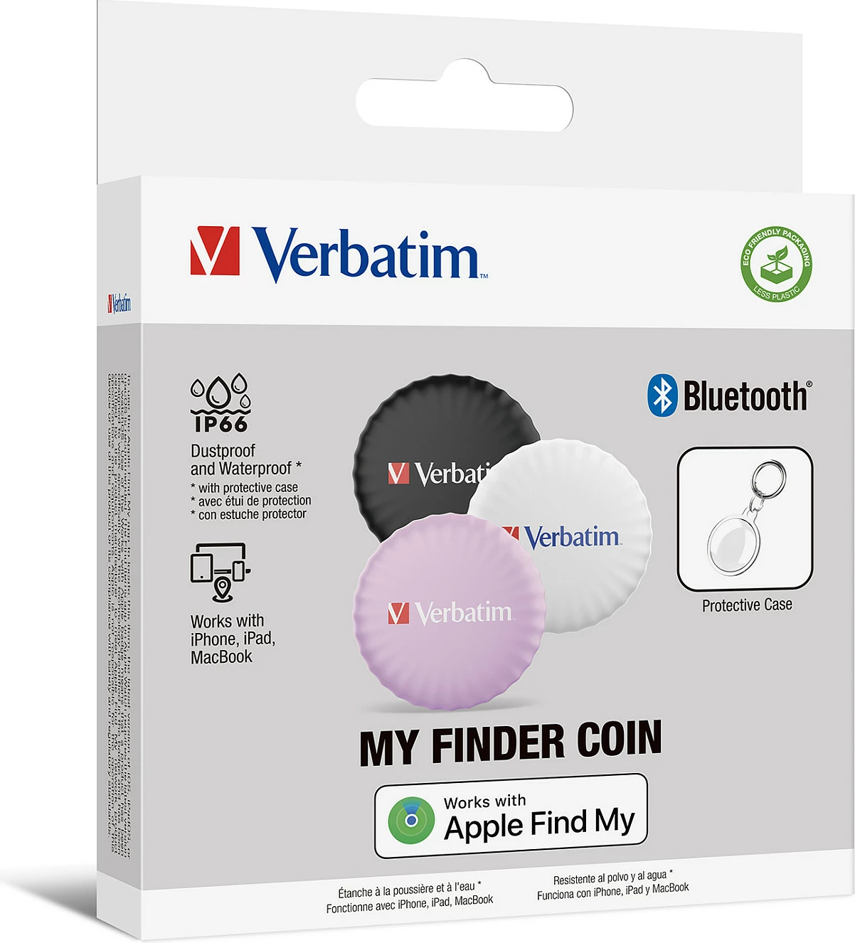 Tracker Bluetooth Verbatim My Finder 32135, set 3 copë, IP66, bateri CR2032, për Apple Find My, zi/rozë/bardhë