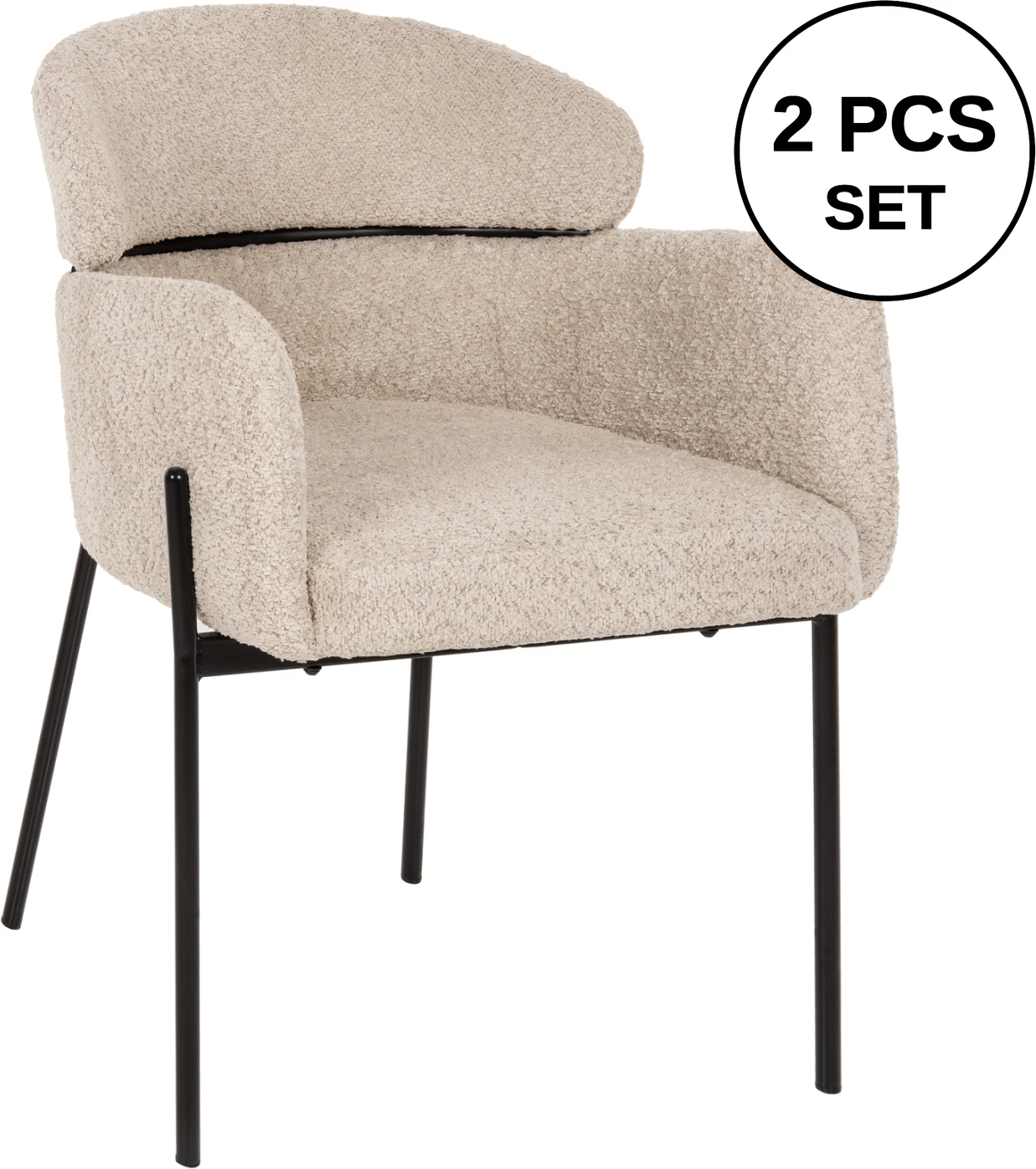 Karrige me krahë WOLF FH8583.02, pëlhurë boucle ecru, këmbë metali të zeza, 58x58x80H cm., set prej 2 copë