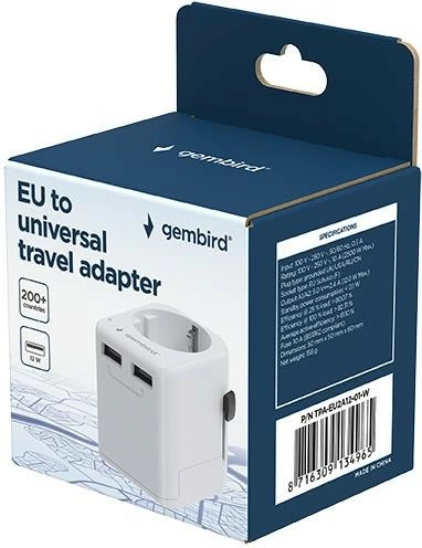 Adapter universal udhëtimi EU, Gembird, TPA-EU2A12-01-W, 12 W, 2x USB-A, soket Schuko, me priza US/UK/AU/CN, i bardhë