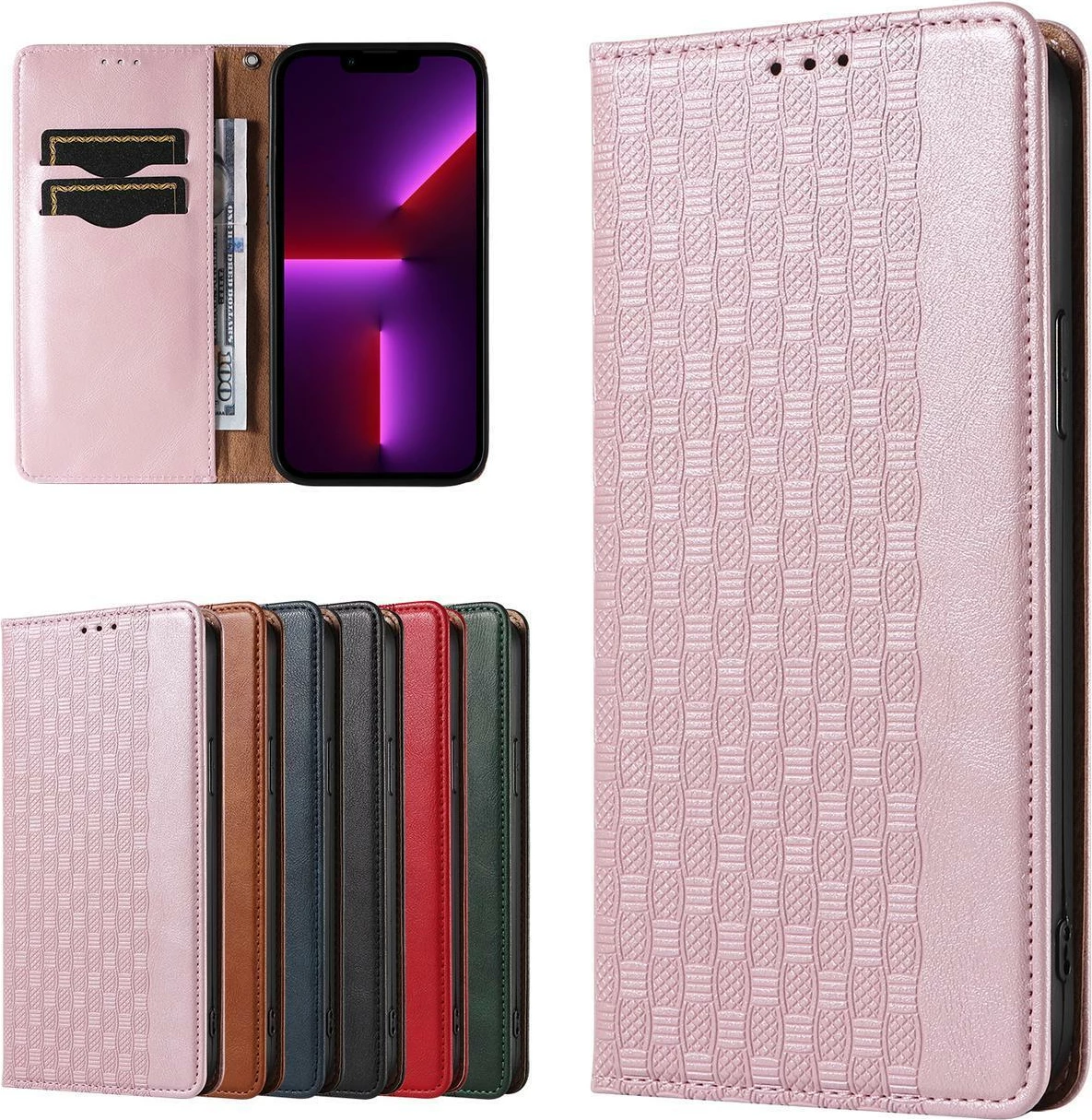 Mbështjellës Hurtel Magnet Strap Case për iPhone 14, flip wallet me rrip dore, rozë