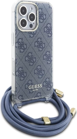 Mbështjellës Guess Crossbody Cord 4G Print për iPhone 16 Pro, Kaltër