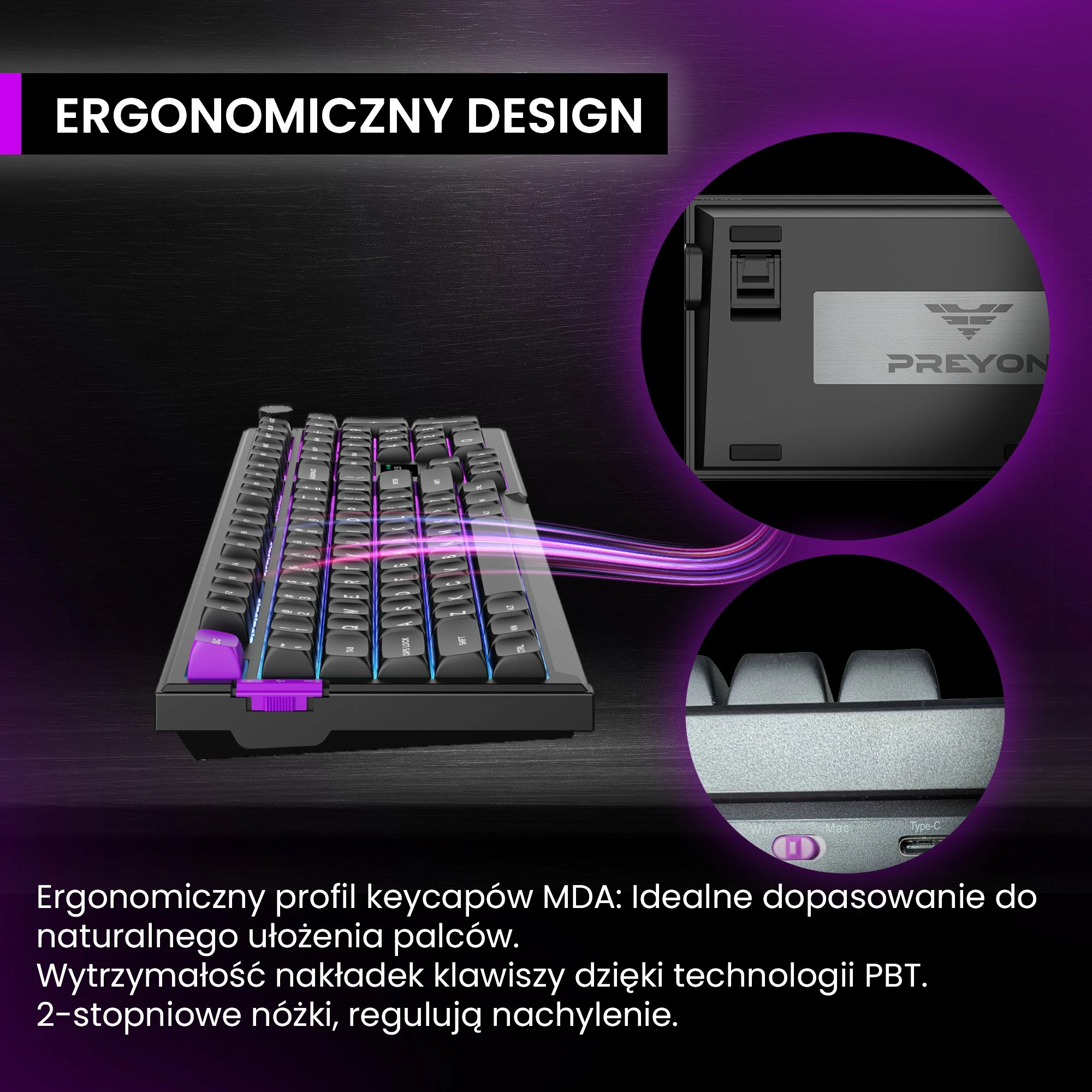 Tastierë mekanike PREYON Silent Claw PSCY105B, Gateron Yellow Pro, full-size 100%, RGB, wireless 2.4 GHz/Bluetooth/USB, e zezë