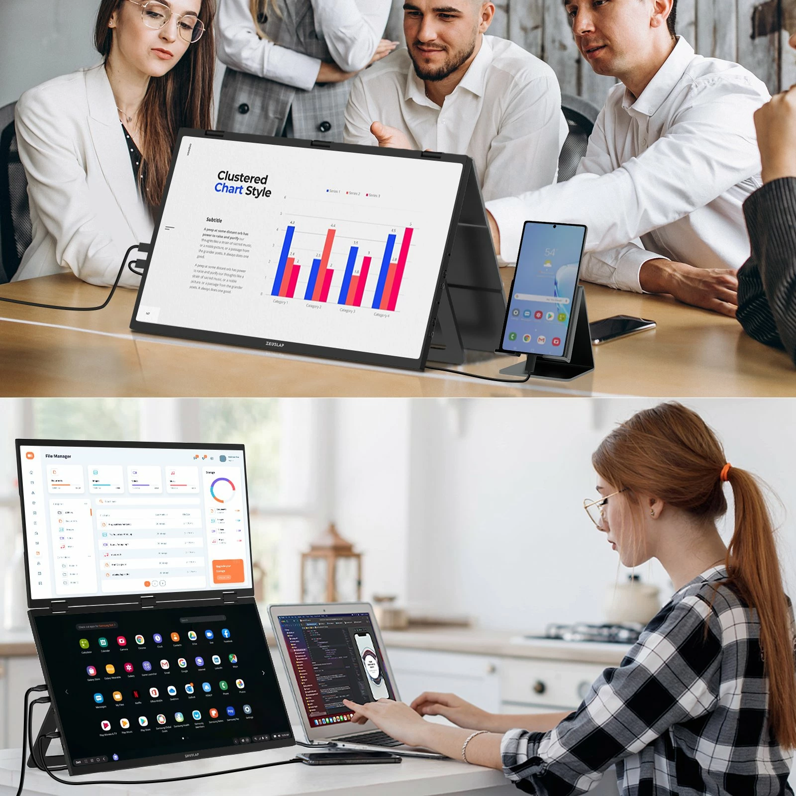 Monitor portativ Zeuslap Z18W, dy ekrane 18.5\" FHD IPS 120Hz, USB-C, i zi, set