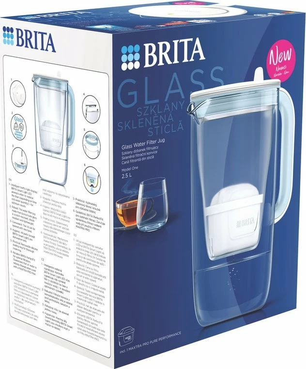 Kanarë filtruese uji Brita Glass 2.5L me indikator elektronik, 2x MAXTRA Pro Pure Performance, transparente/blu