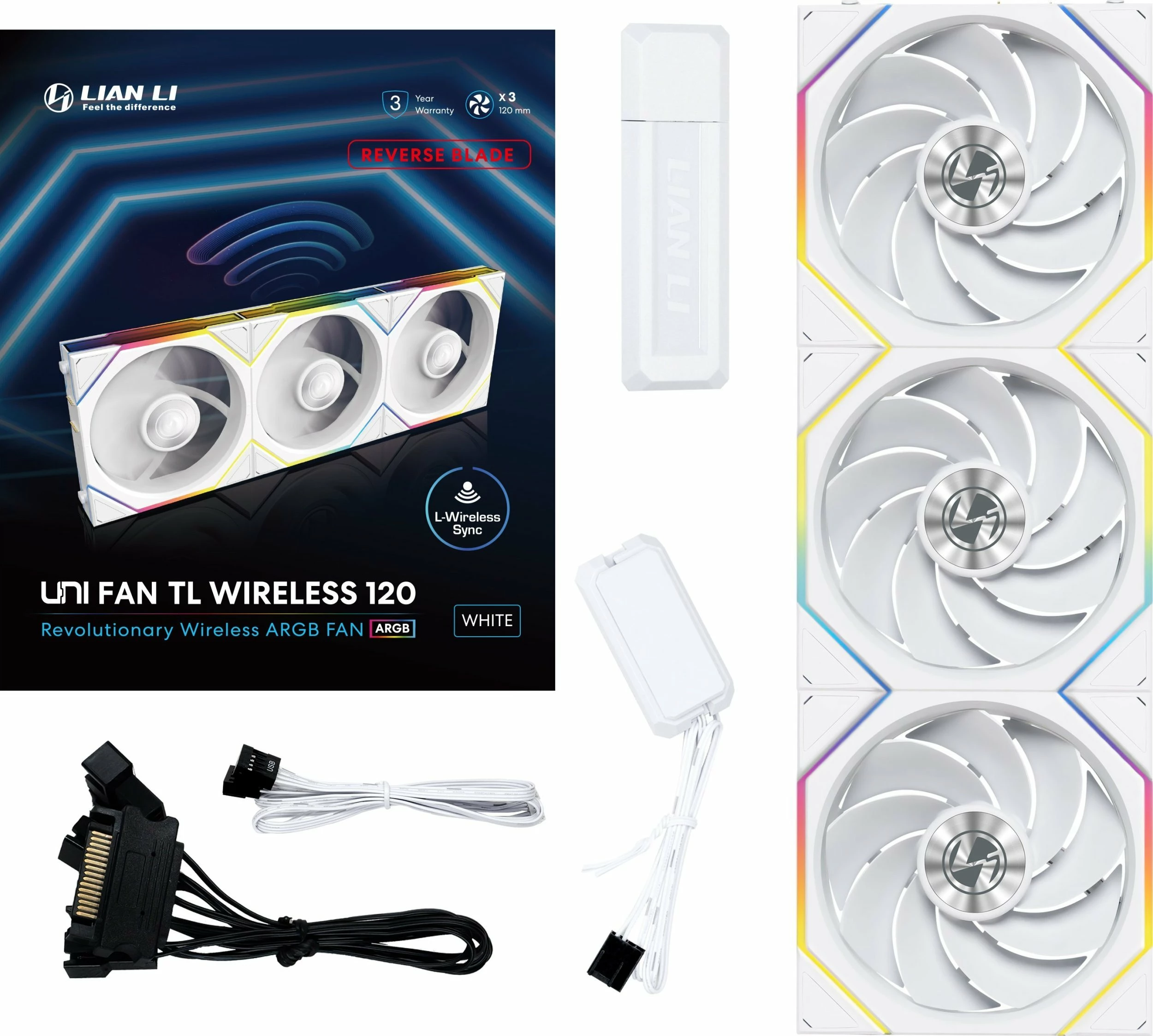 Ventilatorë për PC Lian Li UNI FAN TL Wireless 120 Reverse Blade 12RTL1W3W, 120mm, PWM 4-pin, ARGB, 2300RPM, 3-pack, i bardhë