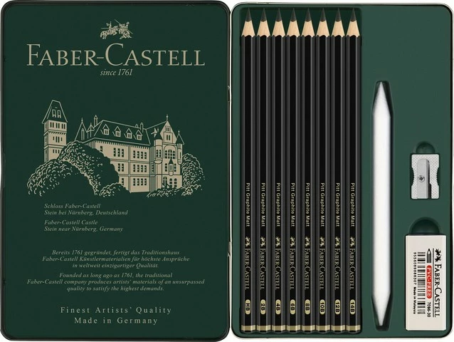 Set lapsa grafiti Faber-Castell Pitt Graphite Matt 11 copë, kuti metali, e zezë