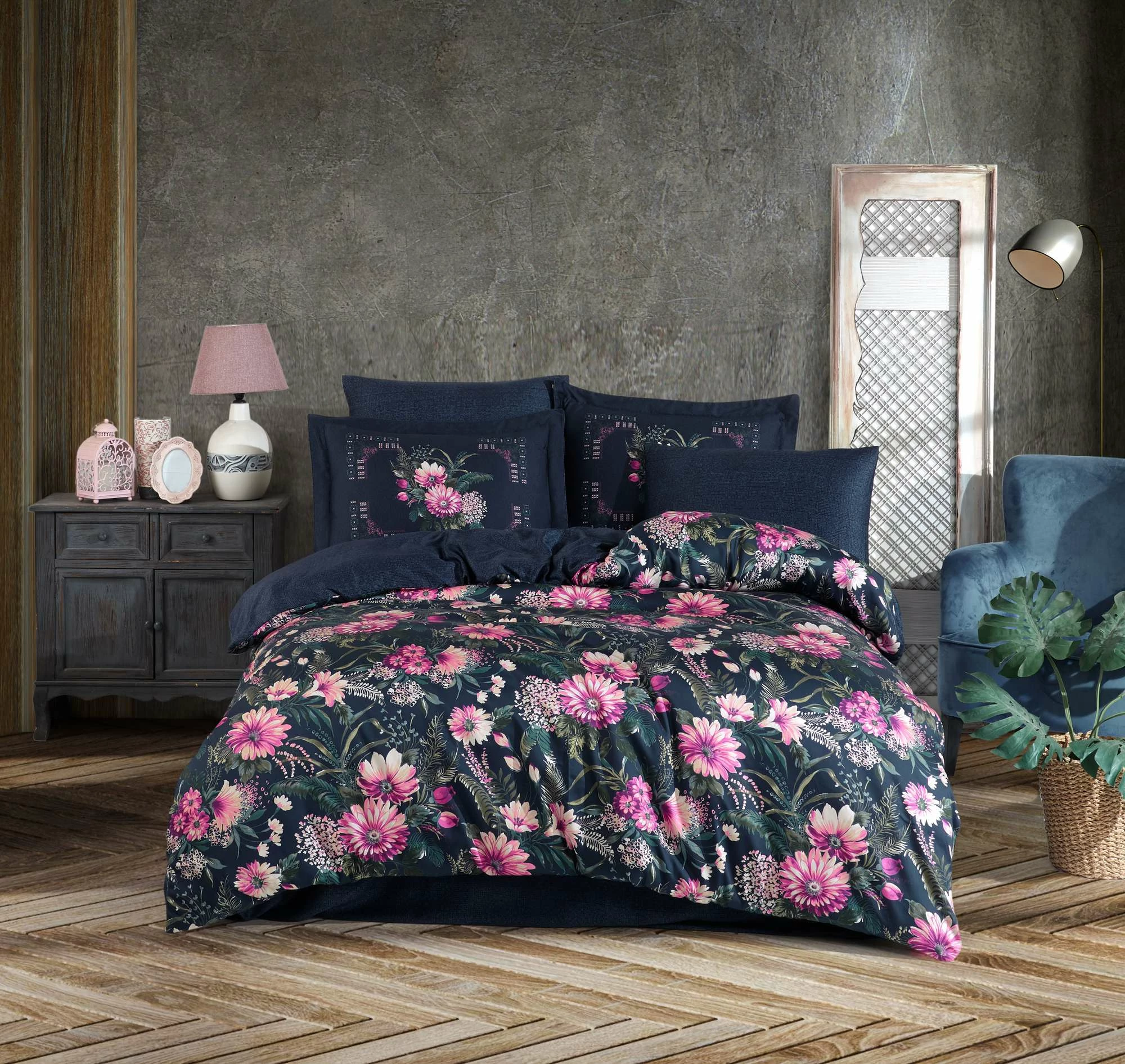 Set mbulesash për jorgan dopio Tencel Satin, L'essentiel, Rebeca, ngjyrë kaltër e errët, rozë, e gjelbër