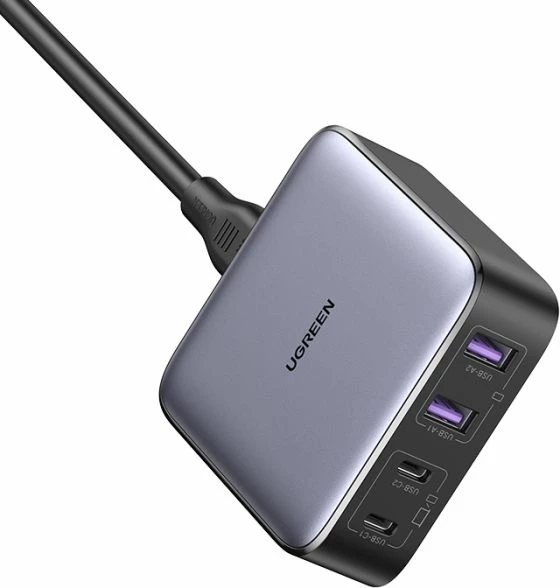Karikues GaN UGREEN Nexode 65W, 2x USB-C, 2x USB-A, PD 3.0/QC4+, gri e errët
