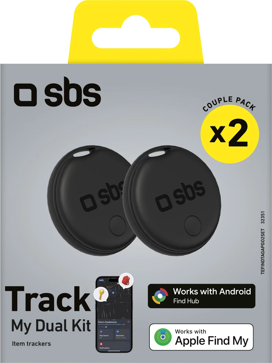Lokator universal, SBS Track My Dual, kompatibilitet iOS/Android, rreze deri 20 m, alarm 60 dB, bateri CR2032, e zezë, set 2 copë