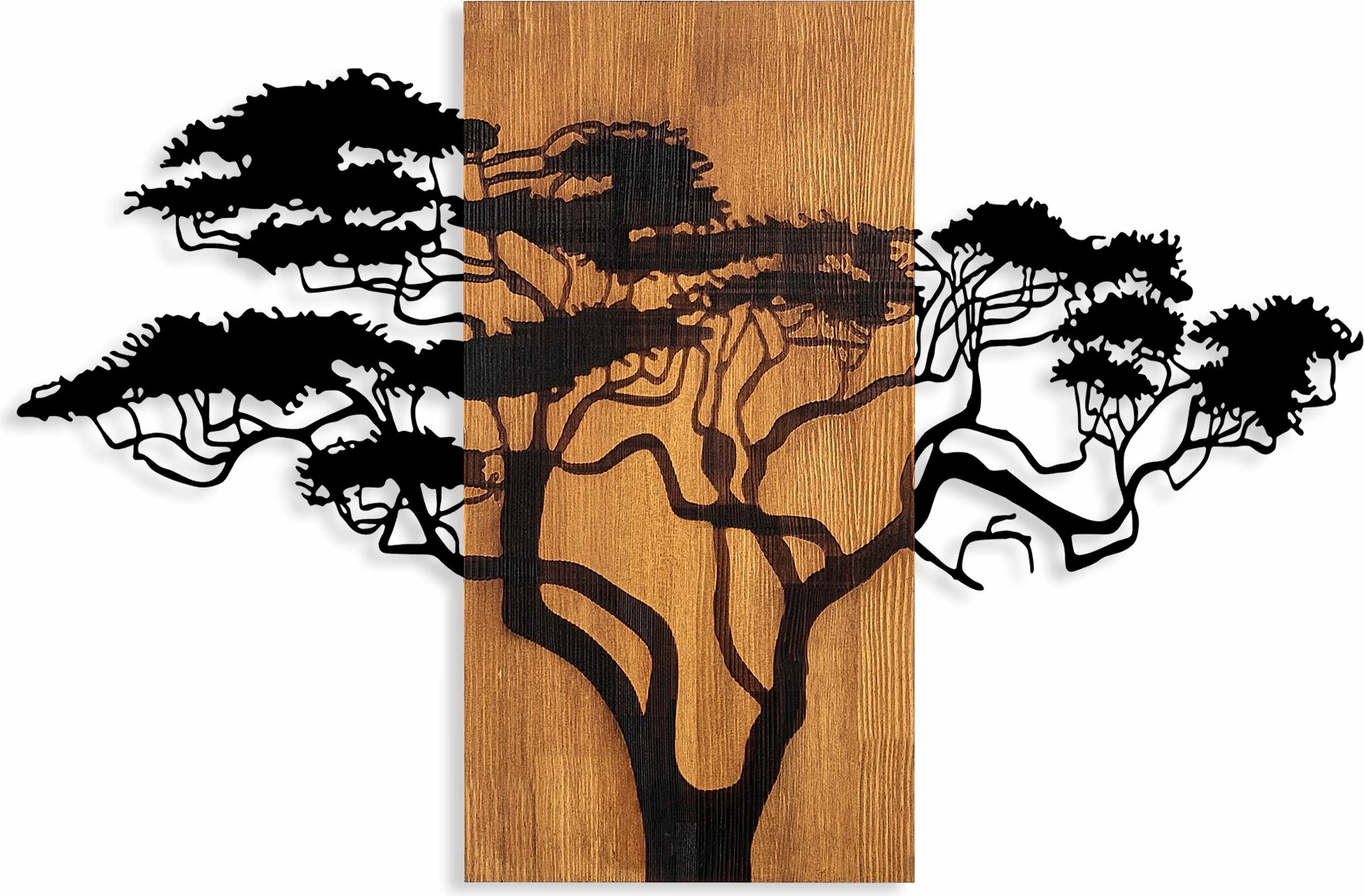 Aksesor dekorativ për mur, dru natyral, pemë akacie, ngjyrë arre dhe e zezë, 90x58cm