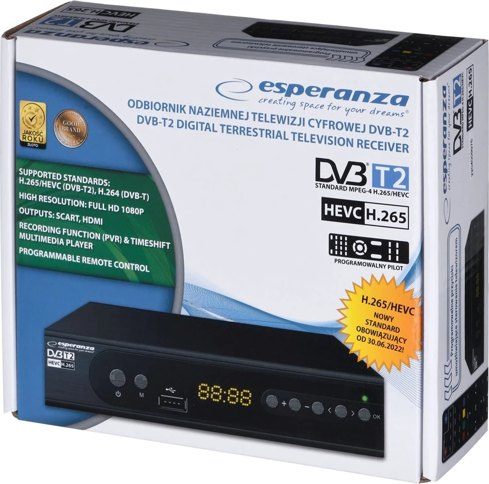 Resiver me telekomandë Esperanza EV106P, DVB-T2, i zi