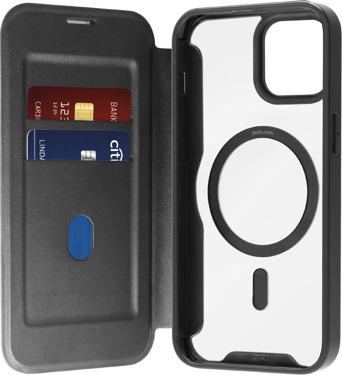 Mbështjellës Puro Book Mag MagSafe për iPhone 16 Plus, lëkurë, me kapak dhe ndarje për kartela, e zezë