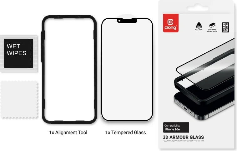 Xham i kalitur 3D për ekran, CRONG, 3D Armour Glass (CRG3DAGIP1661E), për iPhone 16e/14/13/13 Pro, Edge-to-Edge, 0.33mm, 92% transparencë, 9H, e zezë, me kornizë montimi