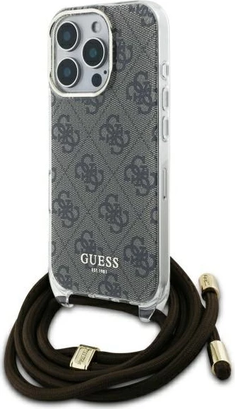 Mbështjellës Guess Crossbody Cord 4G Print për iPhone 16 Pro, Kafe