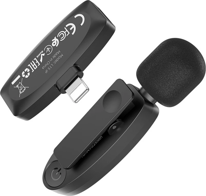 Mikrofon wireless lavalier HOCO L15 Lightning, 70mAh, deri 6 orë, i zi, set 2 copë