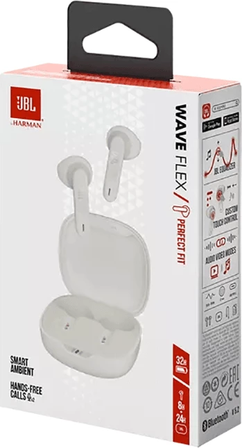 Kufje Bluetooth JBL Wave Flex, 32h bateri, Smart Ambient, VoiceAware, IP54/IPX2, të bardha, 1 palë