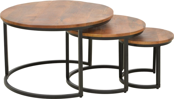 Set tavolinash kafeje Frina, dru mango, ngjyrë arre, këmbë metalike të zeza, 3 copë