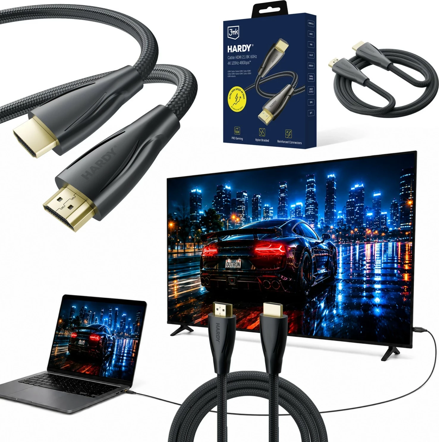 Kabllo HDMI 3MK Hardy HDMI 2.1, 0.5m, 48Gbps, 8K60Hz/4K120Hz, eARC, VRR, ALLM, e zezë
